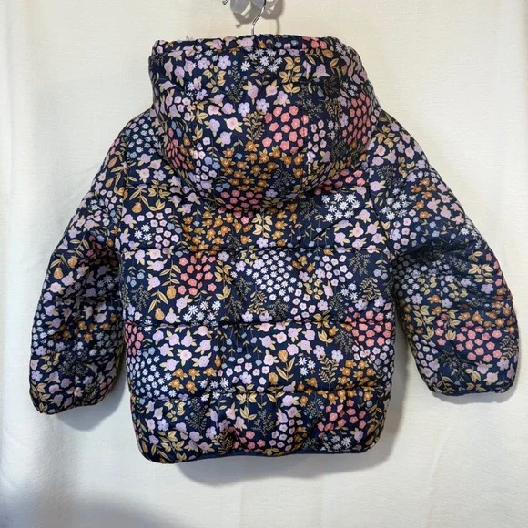 Carter's Kids Girls Floral Puffer Jacket Hooded Lined Navy Pink White - Picture 2 of 5